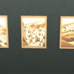 Paintings, village and oasis in the colored sand