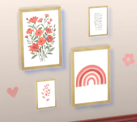 Paintings, rainbow, flowers, branches, and unintelligible writing