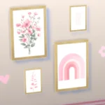 Paintings, rainbow, flowers, branches, and unintelligible writing