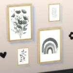 Paintings, rainbow, flowers, branches, and unintelligible writing