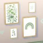 Paintings, rainbow, flowers, branches, and unintelligible writing
