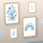 Paintings, rainbow, flowers, branches, and unintelligible writing