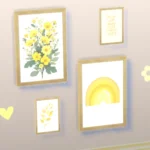 Paintings, rainbow, flowers, branches, and unintelligible writing