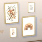 Paintings, rainbow, flowers, branches, and unintelligible writing