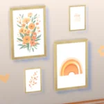 Paintings, rainbow, flowers, branches, and unintelligible writing