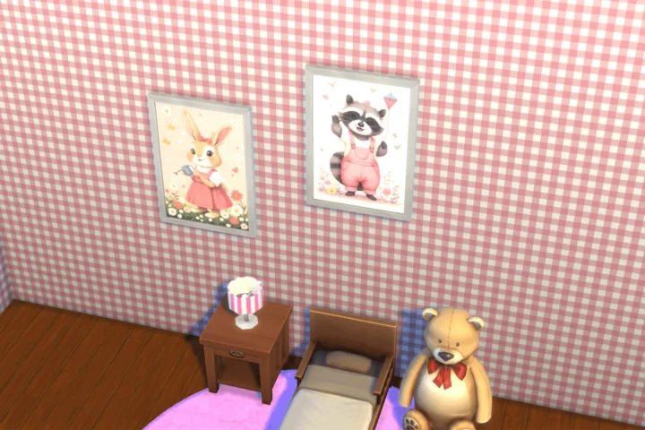 Paintings of dressed animals and a checkered walls