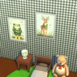 Paintings of dressed animals and a checkered walls