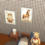Paintings of dressed animals and a checkered walls