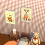 Paintings of dressed animals and a checkered walls