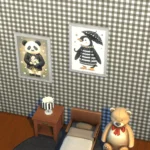 Paintings of dressed animals and a checkered walls