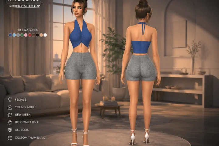 AZURE RIBBED HALTER TOP