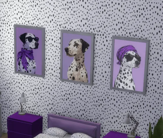 Dalmatian paintings, in all colors, wearing sunglasses and scarves