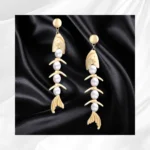 Gold Pearl Fish Dangle Earrings