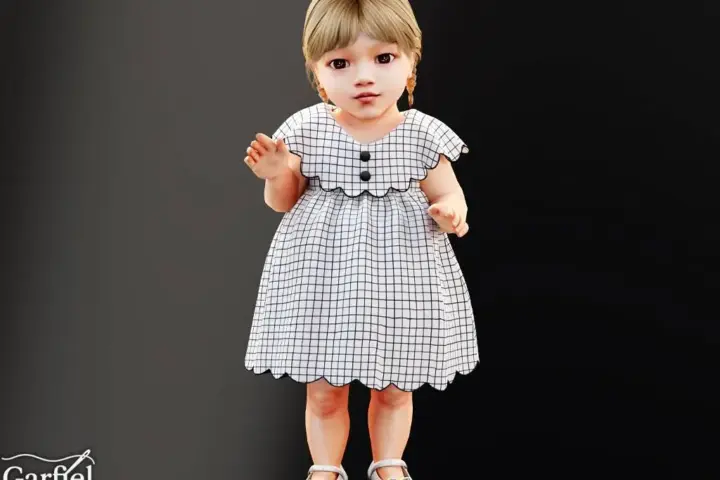 Infant - Soft grid print dress with scalloped yoke