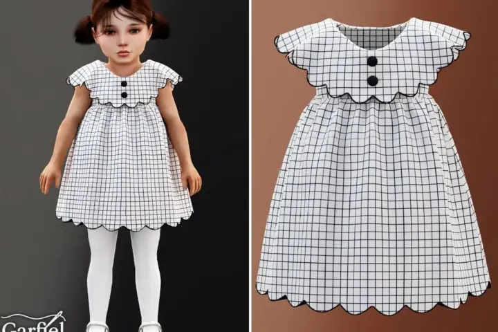 Toddler - Checked scallop trim dress with bold button detail