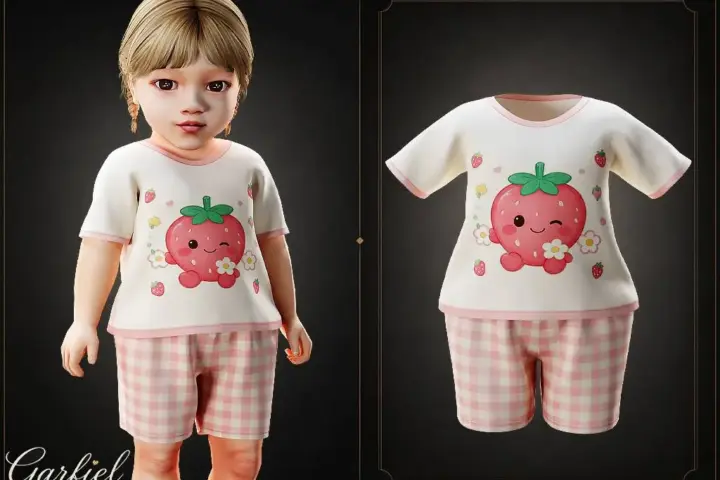 Infant - Cozy strawberry pajama set with gingham shorts
