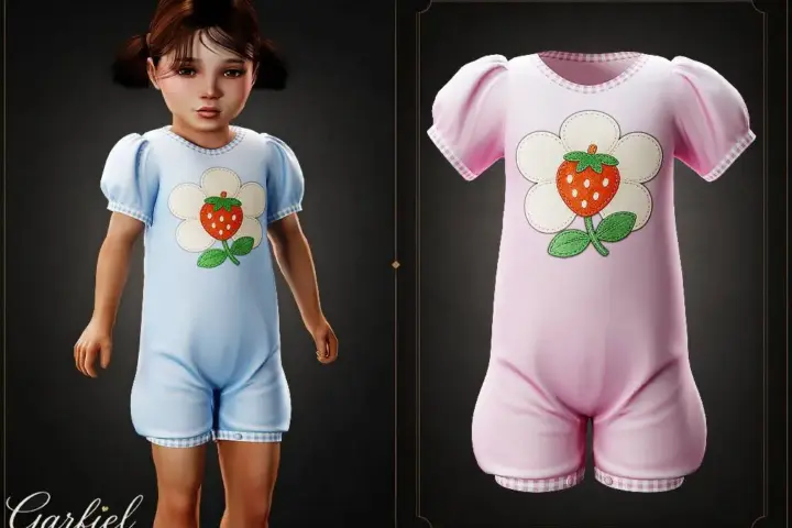 Toddler - Soft puff sleeve romper with strawberry flower applique