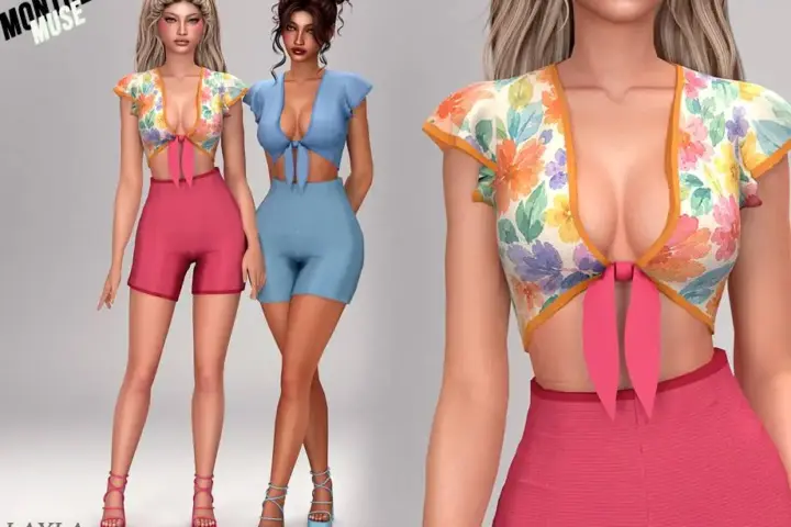 Layla - Flutter-sleeve crop top and high-waisted shorts (the citrus bloom set)