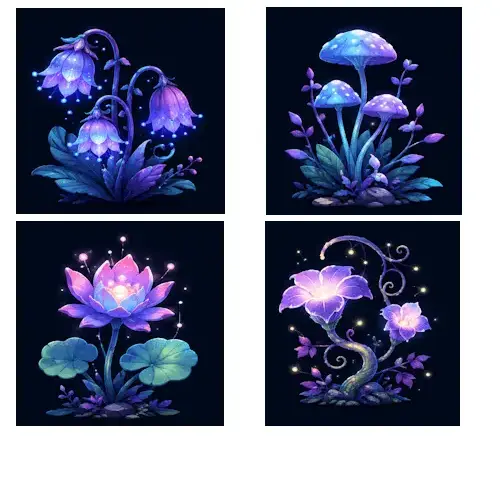 painting, cushion and curtain 6 plants nocturnal magie
