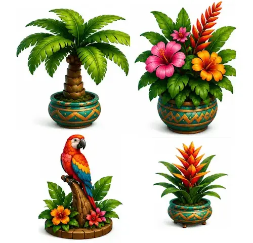 painting, cushion and curtain 6 plants jungle