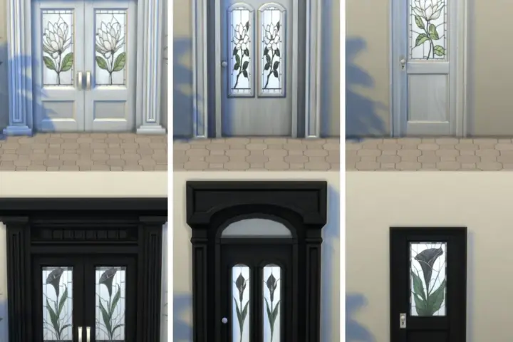 Colorful doors with floral patterned windows