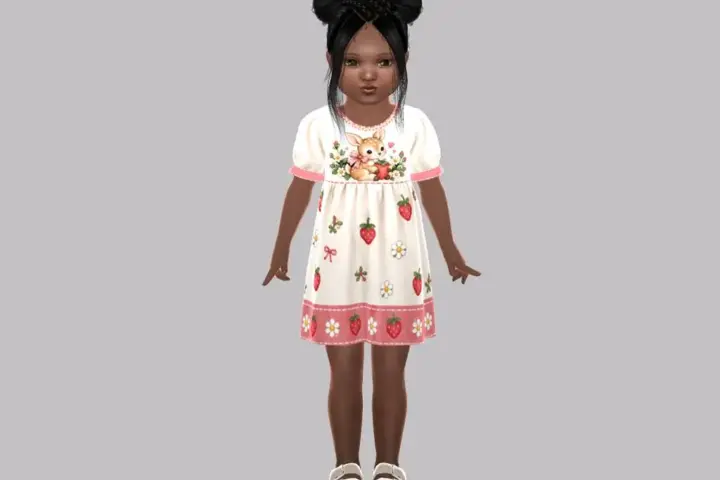 Toddler - Sweet strawberry dress with cute character motif and floral trim