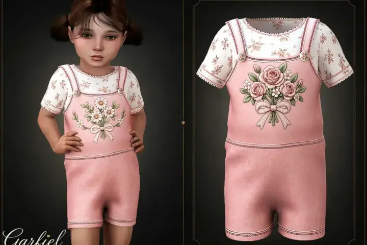 Toddler - Floral layered romper set with embroidered bouquet detail