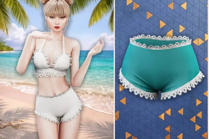 Lace trim high waist swim shorts