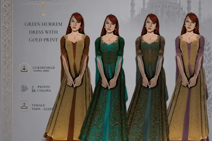 Medieval CC GREEN HURREM DRESS WITH GOLD PRINT