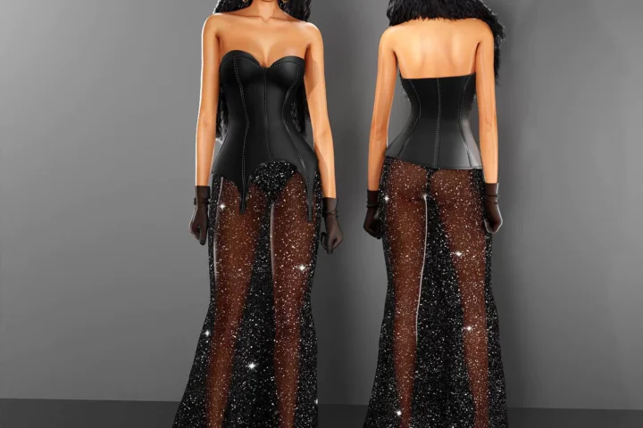 Strapless Gown with Sheer Glittery Skirt and Gloves