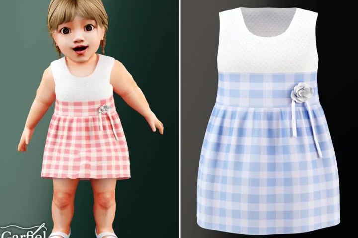 Infant - Plaid dress with textured bodice and flower accent