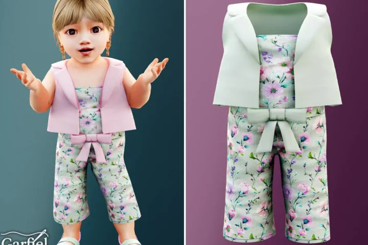 Infant - Floral cropped pants set with vest and bow