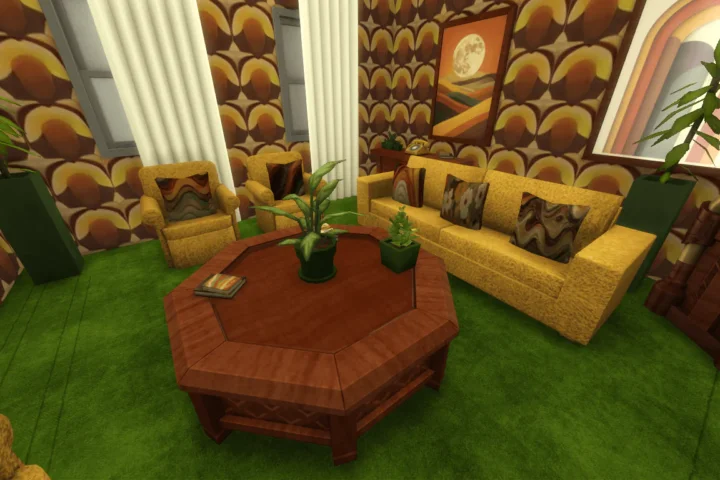 Retro living room, mustanr and green, and wood
