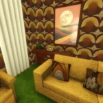 Retro living room, mustanr and green, and wood