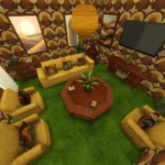 Retro living room, mustanr and green, and wood