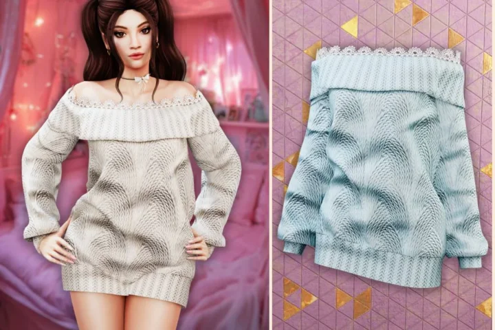Off-shoulder lace knit sweater