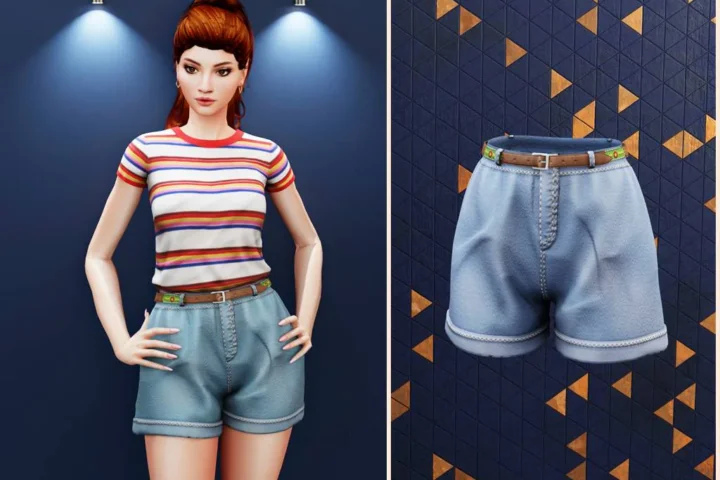 Retro belted denim shorts
