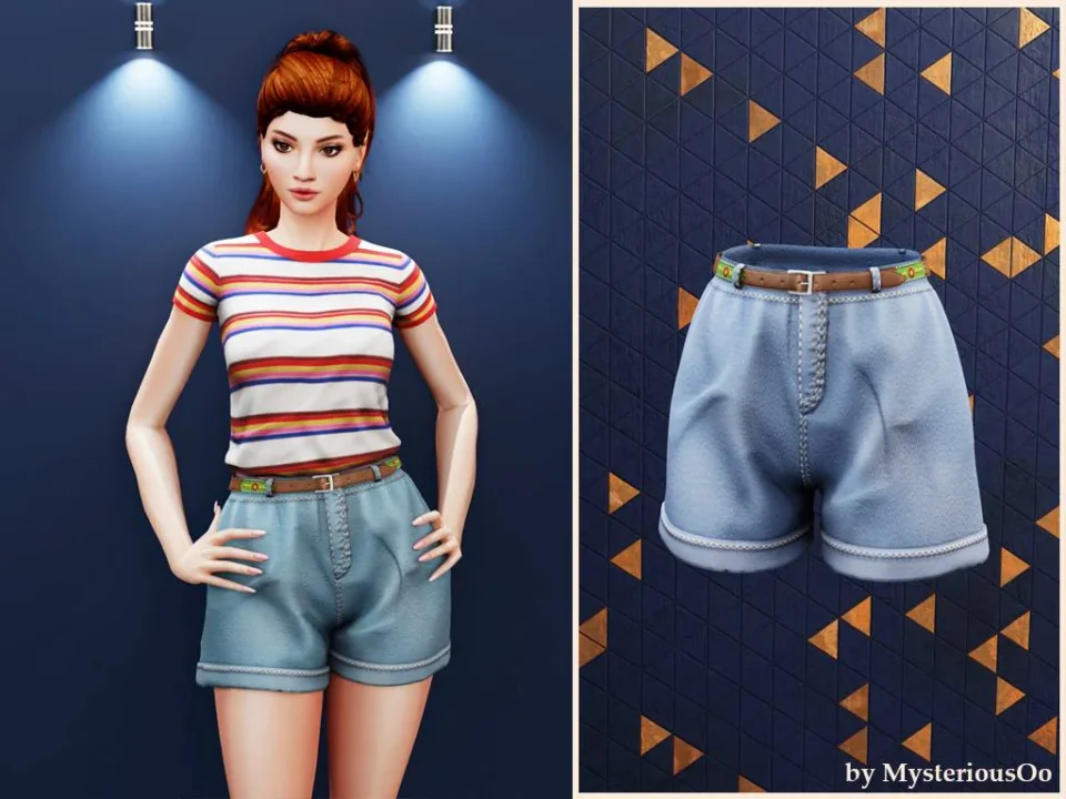 Retro belted denim shorts