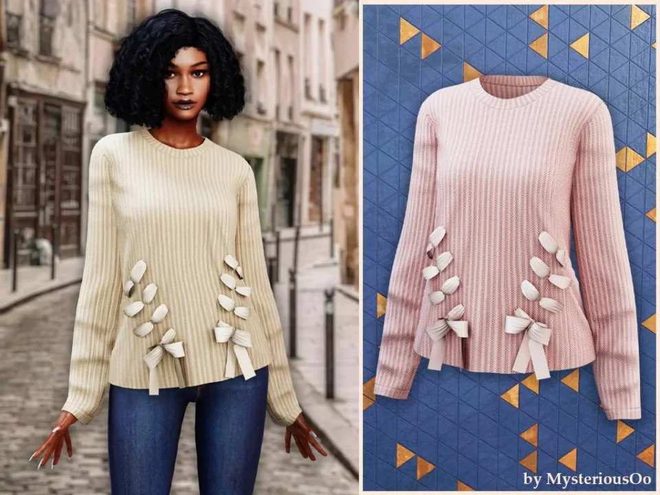 Ribbed knit sweater with bows