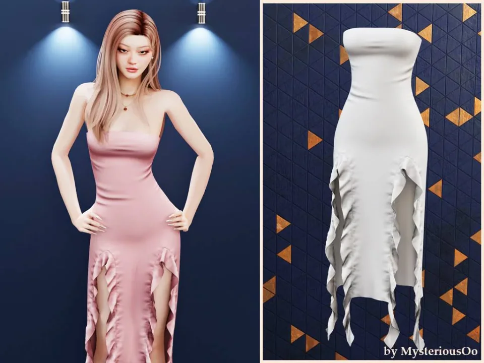 Strapless ruffle slit dress