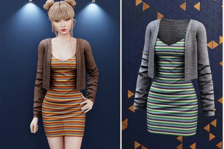 Striped dress with cropped cardigan
