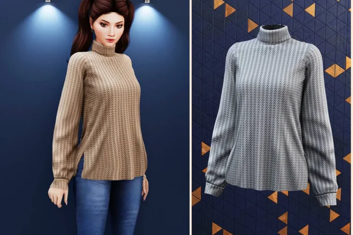 Textured side slit turtleneck sweater