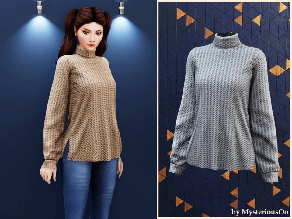 Textured side slit turtleneck sweater