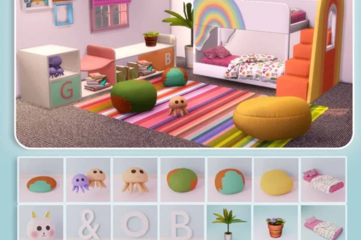 Rainbowic Bunk Bed CC Pack | Cute Bunk Bed / Chairs / Infant CC / Plants / Cat Pillow / Functional Mattress / Pouf Chairs
