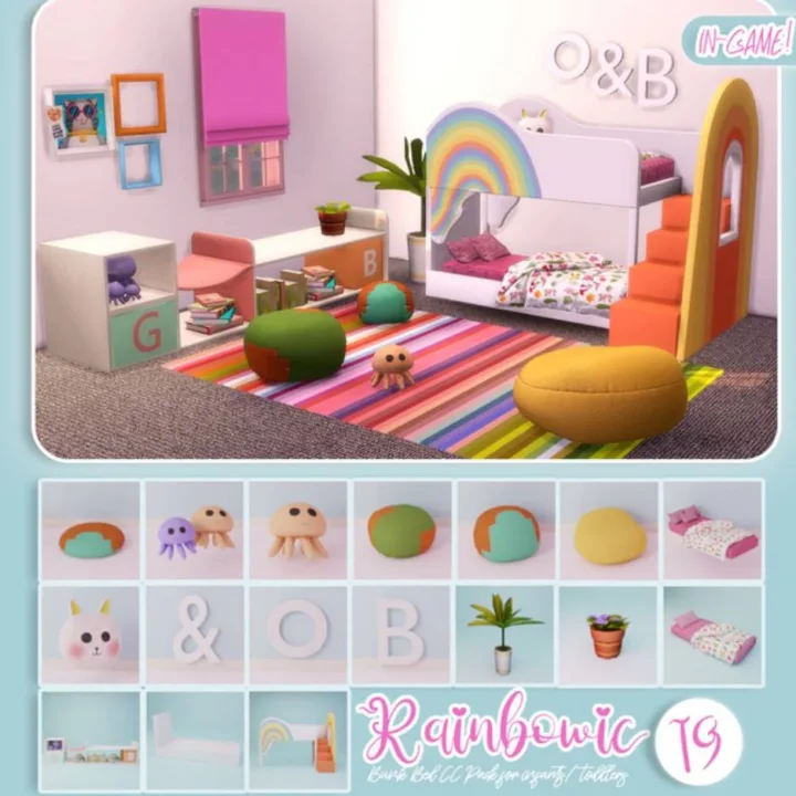 Rainbowic Bunk Bed CC Pack | Cute Bunk Bed / Chairs / Infant CC / Plants / Cat Pillow / Functional Mattress / Pouf Chairs
