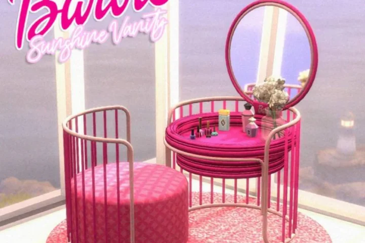 Barbie CC Sunshine Vanity Set by SNOOTYSIMS | Pink & Cute Themed / Mirror / Chair / Rug