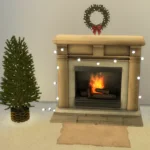 Fireplace with string lights and log tree basket