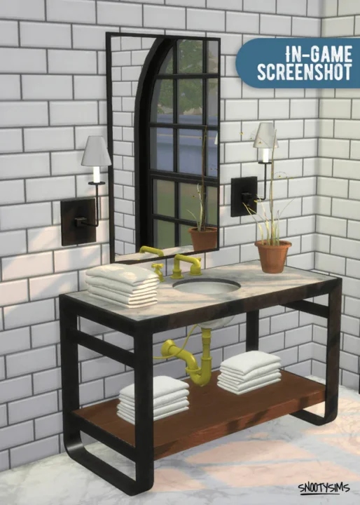 Sims 4 Bathroom CC Furniture (Functional CC): Sink Table / Mirror / Lamp / Towels Planter
