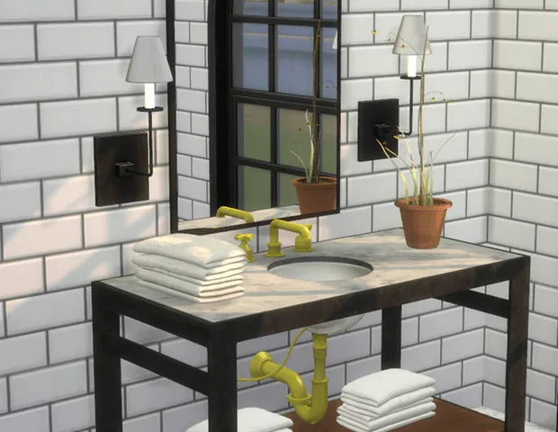 Sims 4 Bathroom CC Furniture (Functional CC): Sink Table / Mirror / Lamp / Towels Planter