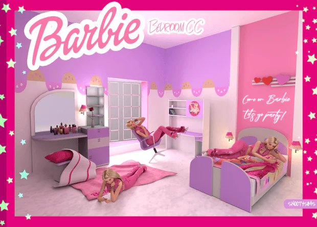 Come on Barbie Bedroom CC | Bed / Vanity Desk / Mirror / Gaming Chair / Carpet / Pillow / Decor / Neon Light / Wallpaper